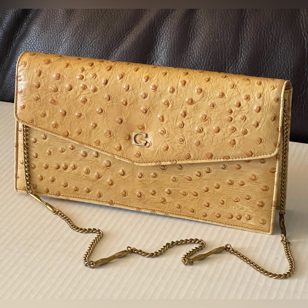 Vintage Structured Tan Leather Ostrich Clutch Bag with Gold Tone Chain
